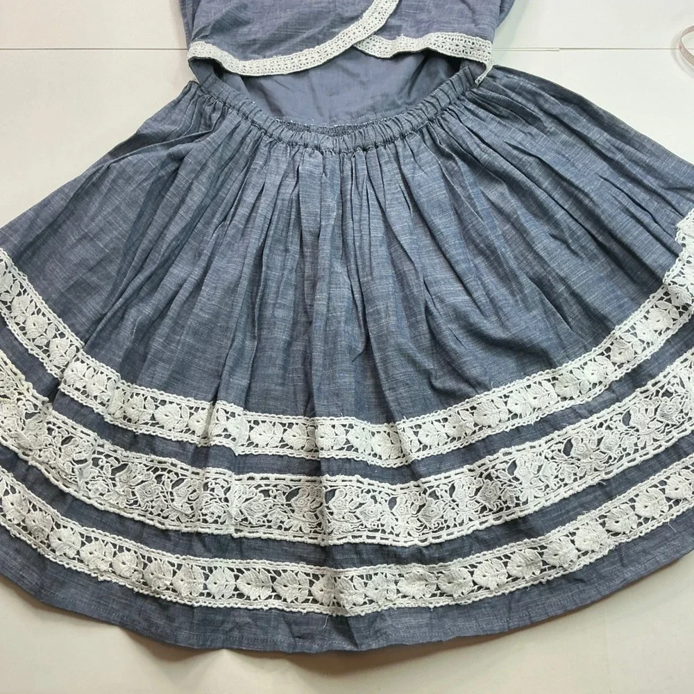 Kaisely Blue Chambray Lace Trim Open Back Dress Kids Size 10 Cottagecore Boho